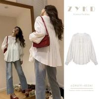 COD dhdfxcz Korean Fashion Women long sleeve shirt retro loose round collar pure white blouse