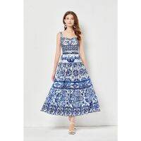 Summer Blue and White Porcelain Printed Stitching Three-Dimensional Bandeau Sling Skirt Two-Piece Suit with Chest Pad