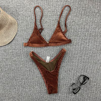 Sexy velvet ribbed swimsuit women Triangle micro bikini set Solid swimwear  High cut swimming Bathing suit Beachwear Biquini