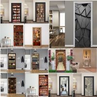 3D Library Wallpaper Door Sticker Self-adhesive Bookcase Bookshelf Mural For Study Bedroom Door Poster Fireplace Stickers Porte