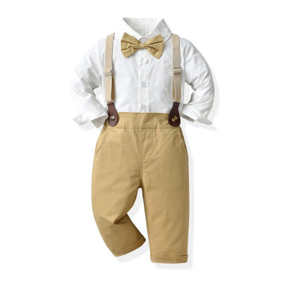 เด็กหัดเดินโบว์สุภาพบุรุษชุดเสื้อยืดท็อปแบบตัวสั้นทึบ + กางเกงเอี๊ยม