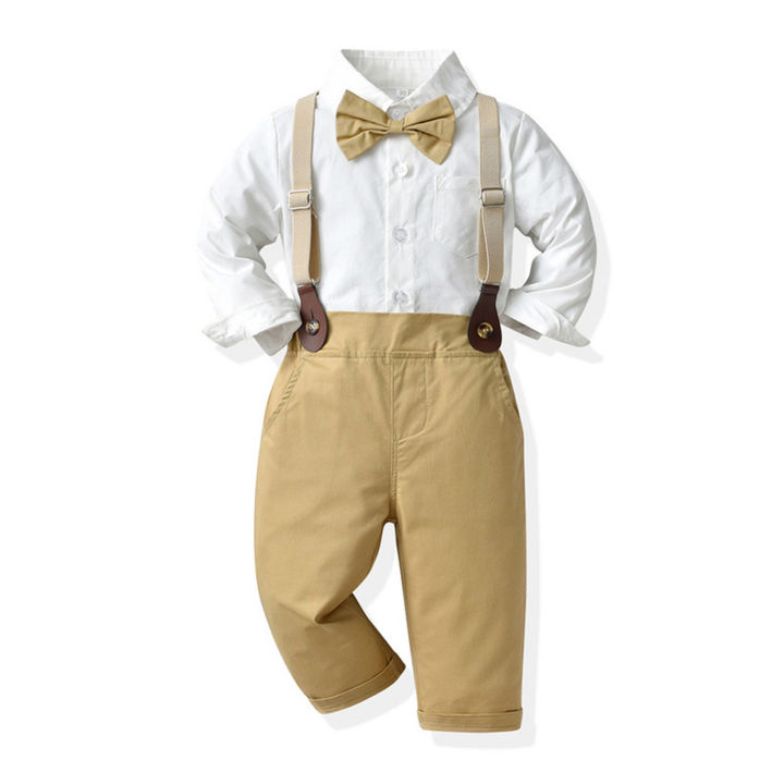 เด็กหัดเดินโบว์สุภาพบุรุษชุดเสื้อยืดท็อปแบบตัวสั้นทึบ-กางเกงเอี๊ยม