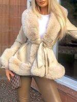 ♕卍 Leather Cardigan Jacket Contrast Color Fur Collar Thermal Belted Outerwear Streetwear