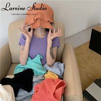 LAREINE เสื้อยืดผู้หญิงสลิมเสื้อคอคลมแขนสั้นถักสีทึบด้านบน