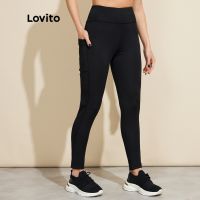 [ส่งของ]Lovito เลกกิ้งกีฬา มีกระเป๋า เบสิก สกินนี่ L18X702 (สีดำ น้ำเงิน)