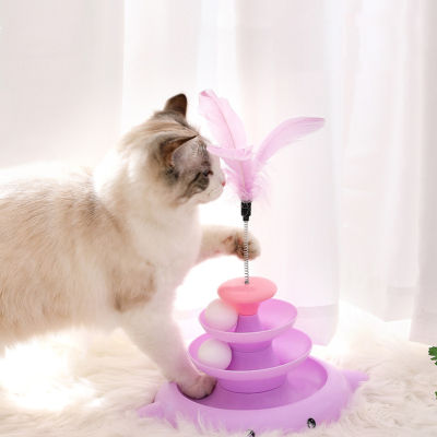 ของเล่นหมุนได้แมว3ชั้นพร้อมลูกบอลขนแมวไม้ล่อกันลื่นอุปกรณ์สำหรับสัตว์เลี้ยงในบ้านและแมว