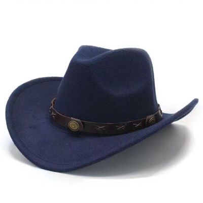 Mens and Womens Solid Color Felt Curled Edge Western Cowboy Hat With European and American Style Belt Decoration Adjustable
