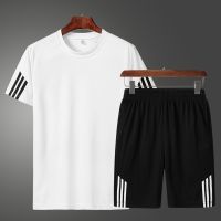 [COD] Mens summer new casual sports suit mens five-point short-sleeved breathable running fitness clothes two-piece for men