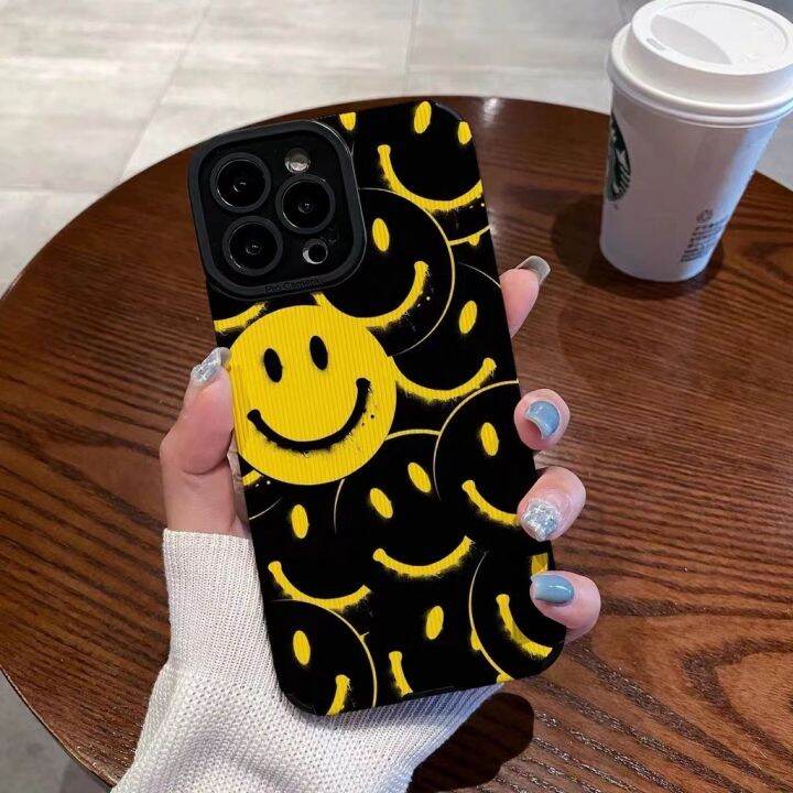 เคสโทรศัพท์มือถือหนังแกะ-แบบนิ่ม-ลายหน้ายิ้ม-สีเหลือง-สําหรับ-iphone-11pro-14-12-13-6-7-8plus-x