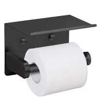 Toilet Paper Holder with Shelf Wall Mounted Mobile Phone Paper Towel Holder Decorative Bathroom Roll Paper Holder Black/Silver- Toilet Roll Holders