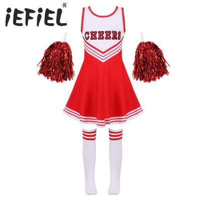 Kid Girls Cheerleading Costumes Uniform Sleeveless Letter Print Dance Cosplay Roleplay Dress With Socks For Stage Performance