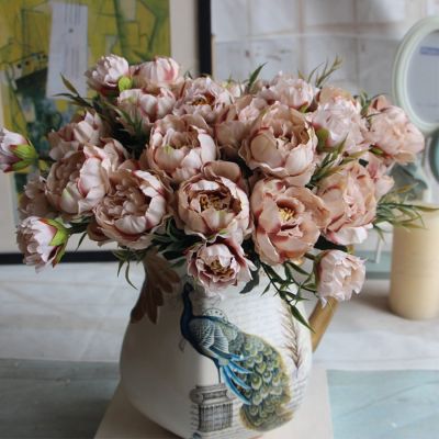 Shabby chic Bouquet European Pretty Bride Wedding Small Peony Silk Flowers Cheap Mini Fake Flowers for Home Decoration Indoor
