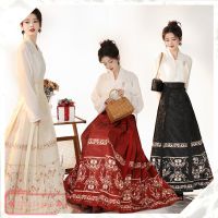 ชุดจีน ชุดจีนโบราณผญ ชุด HanFu ปรับปรุงเครื่องแต่งกาย กระโปรงจีบ + บน ลายปัก สไตล์จีนของ