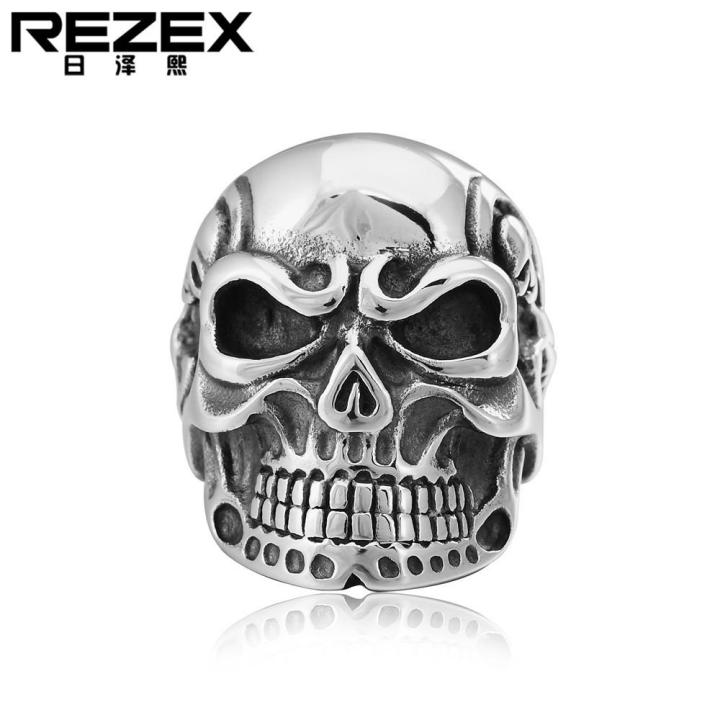 rezex-เครื่องประดับเหล็กไทเทเนียมหัวหัวกระโหลกสไตล์พังค์แหวนแหวนเรโทรเกินจริง
