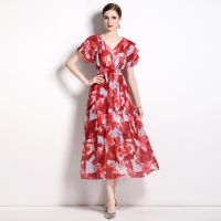 Women Dress Spot Real  Elegant Short Sleeve  Vintage Printed Maxi Dress