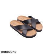 Dép đế trấu uninsex quai chéo da pu đen