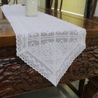 【LZ】☽❒❍  European Retro Style White Cotton Linen Crochet Hollow Triangle Table Runner Home Decorative Table Cloth  Customizable