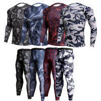 2ชิ้น Tracksuit ผู้ชายการบีบอัด MMA แขนยาว T เสื้อ Rashgard Kit Camouflage เสื้อกันหนาว Leggings ฟิตเนส Thermal Underwear