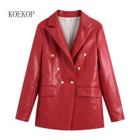 Koekop Women Fashion Faux Leather Red Blazer Long Sleeves Double breasted Vintage Chic Lady Suit PU Jacket veste femme Woman