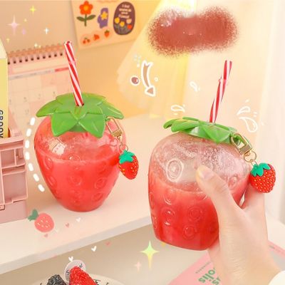 Creative Strawberry Straw Cup Plastic Cup Cute Female Portable Milk Tea Cup Student Portable Water Cup Water Bottle