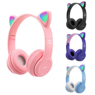 P47M LED Light Cute Cat Ear Headphones Gaming Bluetooth-Compatible 5.0 Wired Headset Gamer Hifi Sport Earphones Wireless Earbuds