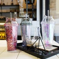 420ml Sequined Cat Ear Plastic Cups BPA Free Water Bottle Straw Flash Film Double-Layer Straw Reusable Tumbler Cup Coffee Mug