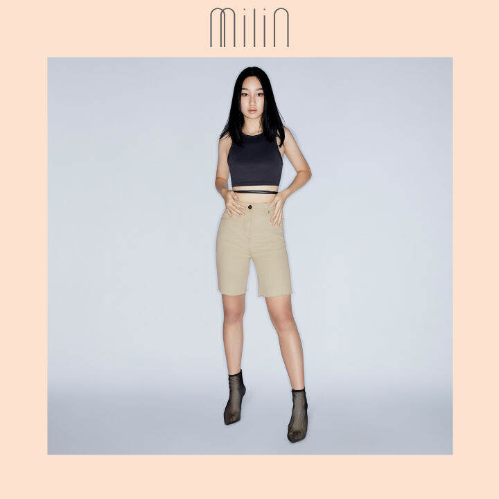 milin-high-rise-with-belt-hoops-denim-กางเกงยีนส์ขาสั้น-bermuda-slit-shorts-beige