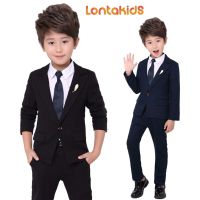 lontakids ชุดทางการเด็กผู้ชาย4ชิ้น,ชุดเสื้อ + กางเกง + เนคไท + เข็มกลัดชุดเสื้อสูทแขนยาวสีน้ำเงินสีแดงชุดนักเรียนสำหรับเด็กงานวันเกิดงานพูดอีเว้นท์เสื้อผ้าสำหรับงานแต่งงาน