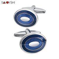 SAVOYSHI Classic Business Cufflink เสื้อเชิ้ตผู้ชายคุณภาพดีรูปวงรีสีฟ้าเคลือบ Cufflink สำหรับของขวัญพิเศษชื่อแกะสลักฟรี