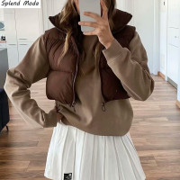 Splend Moda Fashion Casual Vintage Solid Color Stand Collar Short Vest Winter Women Slim Zipper Cotton-Padded Clothes