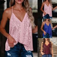 Women Sequin Camisole V Neck Party Sequin Strap Loose Casual Sleeveless Vest Tanks Camis Lady y Sequin Cocktail Vest Tops Top