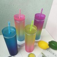 【CW】New 16oz Reusable Gradient Rainbow Color Cup Coffee Juice Straw Mug Personalized Plastic Bottom Creative Outdoor Portable Cup