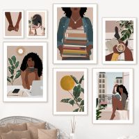 บทคัดย่อ Black Girl อ่านหนังสือกาแฟ Moon Art ภาพวาดผ้าใบ Nordic โปสเตอร์และพิมพ์ภาพผนังสำหรับตกแต่งห้องนั่งเล่น New