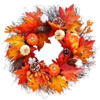 Thanksgiving Wreath Artificial Maple Leaf Wreaths Thanksgiving Decorations with Pumpkins and Berry Clusters for Front Door Porch Fireplace Window Wall top sale