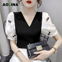 AOLINA 2023เสื้อคอวีแบบบางเบาของผู้หญิงเสื้อคาร์ดิแกนถักกันหนาวแขนสั้นโบว์แบบต่อกันใหม่ฤดูร้อน