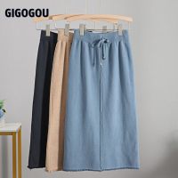 [A Full of energy] GIGOGOU ฤดูใบไม้ร่วงฤดูหนาวถักกระโปรงสตรีสายรัดกระโปรงมิดียาว Maxi Bodycon ดินสอเสื้อกันหนาว