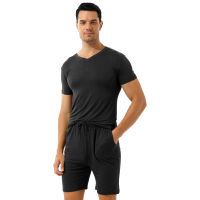 Men Summer Casual Solid Color Pajama Set Nightwear Underwear Homewear V Neck Short Sleeve T-shirt Mid Waist Drawstring Shorts