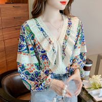 Fashion Trend Korean Shirt Female Bubble Sleeve Lace Design Printed Floral Chiffon Blouse Women