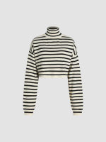 利Cider Stripe High Neck Oversized Crop Sweater เสื้อครอปแขนยาวผู้หญิงคอเต่าเสื้อสเวตเตอร์แขนยาวผญลายทางลุคสตรีท