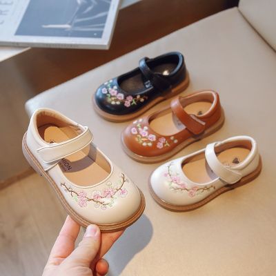 Toddlers Girls Leather Shoes Kids Mary Janes Embroidery Flowers Sweet Retro Child Princess Flats for Party 2023 Spring New Chic