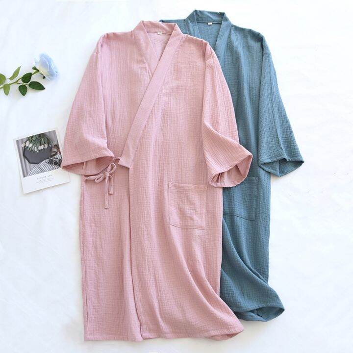 xiaoli-clothing-ญี่ปุ่น-nightdress-solid-nightgown-ผู้หญิง39-ฤดูใบไม้ผลิฤดูใบไม้ร่วงผ้าฝ้าย-crepe-soft-breathable-kimono-บาง-home-robe-เสื้อคลุมอาบน้ำชุดนอน