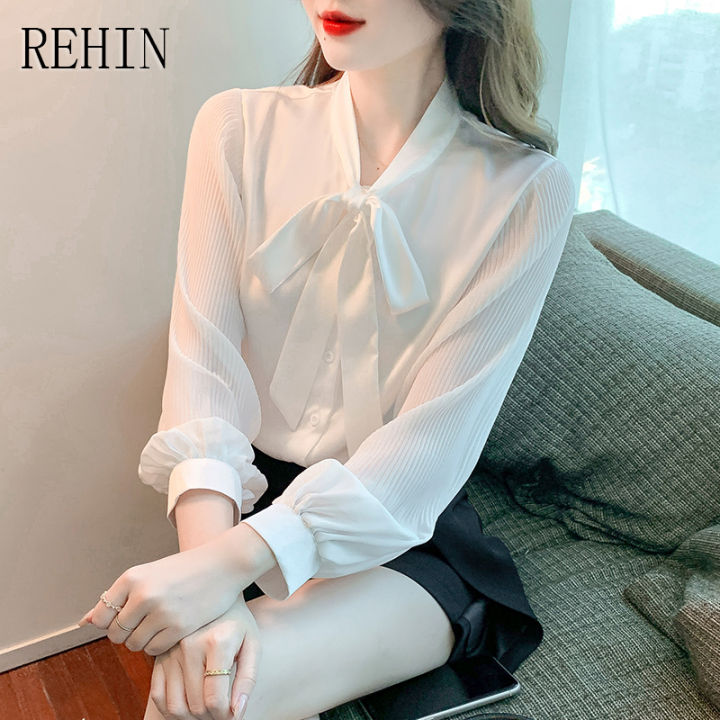 rehin-เสื้อสตรีแขนยาวผ้าชีฟองแฟชั่นใหม่ฤดูใบไม้ผลิโบว์สีขาว