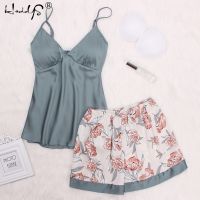 Sexy Floral Print Lace Cami Top And Shorts Satin Pajama Set Women Spaghetti Strap Sleeveless Patchwork Elegant Sleepwear