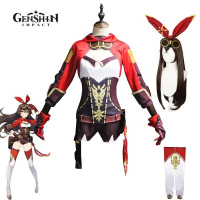 Game Genshin Impact Amber Cosplay Costume Women Halloween Uniform Full Set Wig Headwear Anime Outfits Role Play Cos Clothing