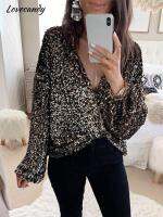 Womens Black Deep V-Neck Sequins Shirt Tops Female Loose Lantern Long Sleeve Blouses 2023 Sp Fashion Street Casual Shirts