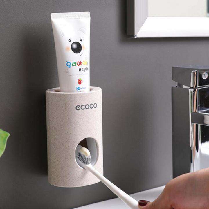 ecoco-automatic-toothpaste-dispenser-dust-proof-toothbrush-holder-wheat-straw-wall-mounted-toothpaste-squeezer-for-bathroom