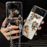 เคสชิ้นโทรศัพท์แบบเข็งเด็กลายนางฟ้าย้อนยุคน่ารักสำหรับ Samsung Galaxy Z Flip 3 4 5G สร้อยข้อมือสุดหรู3 In 1สำหรับ Flip3 Samsung Z โซ่ Flip4