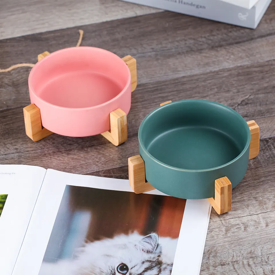 Ceramic Cat Dog Bowl Dish With Wood Stand No Spill Pet Food Water Feeder  Cats Small Dogs Pet Bowl