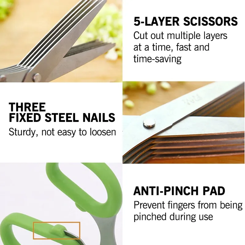 Multi-functional Stainless Steel 3/5 Layer Scissors Chilli pepper cutter  Shredded Chopped Scallion Cutter Herb Laver Spices Paper Cut Cooking Tool