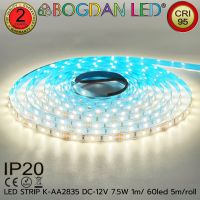 LED STRIP, K-AA2835-60-4000K DC-12V 7.5W/1M IP20 ยี่ห้อ BOGDAN LED แอลอีดีไฟเส้นสำหรับตกแต่ง 300LED/5M 37.5W/5M-Grade-A (ราคาต่อ 5 เมตร)